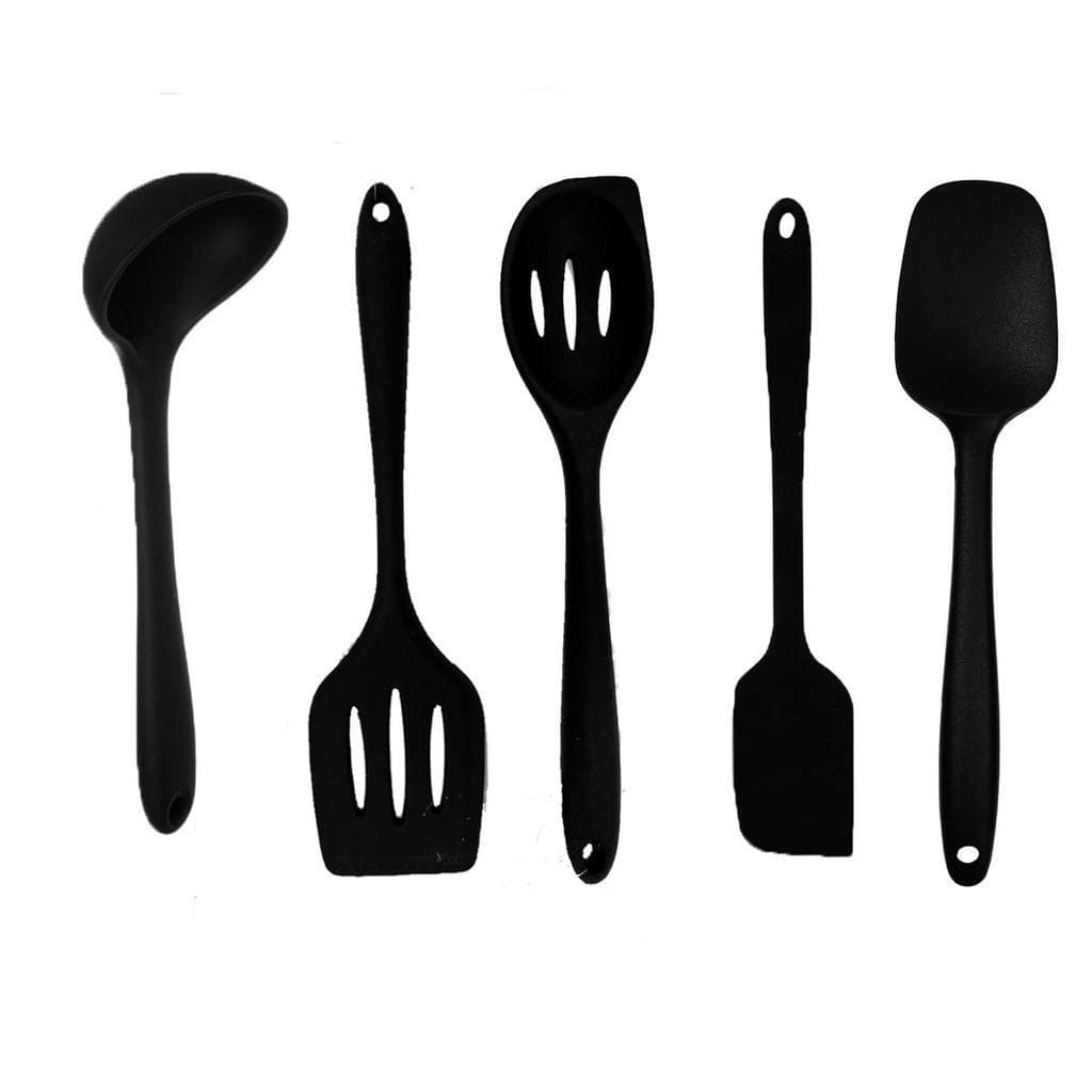 Kit 5 Utensílios Silicone Inteiro Colher Raspador Concha Espátula  Preto Duro Não deforma durante o  preparo de alimento