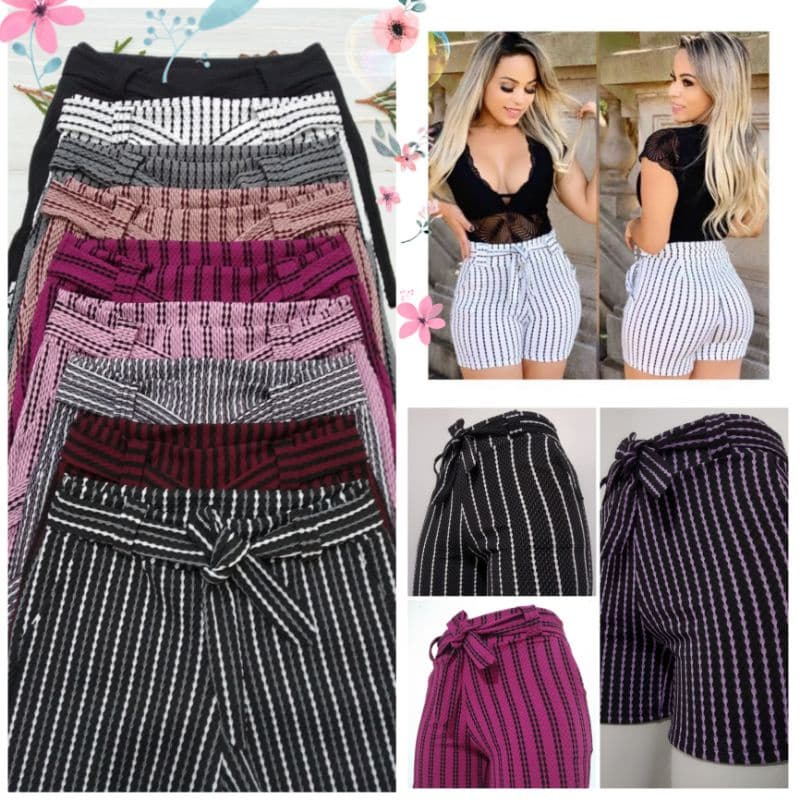 Short Feminino Cintura Alta com Bolso e Laço Colmeia
