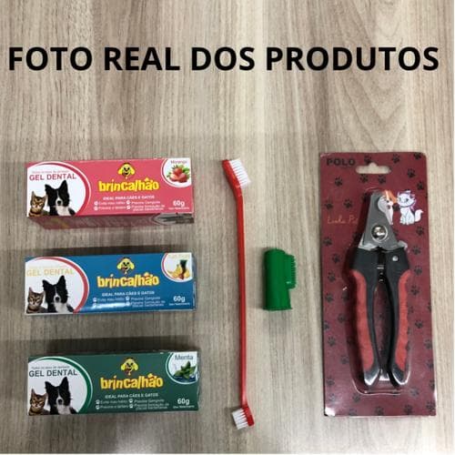 1 Pasta de dente para cachorro e gato + 1 escova de dente dupla + 1 escova dedeira e 1 alicate cortador de unha pet