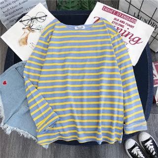 IELGY Camiseta Feminina De Manga Comprida , Versão Coreana Solta Da Camisa Listrada