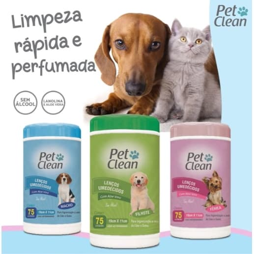 Lenço Umedecido PetClean Cachorro Gato Cães Pet Limpeza Prática