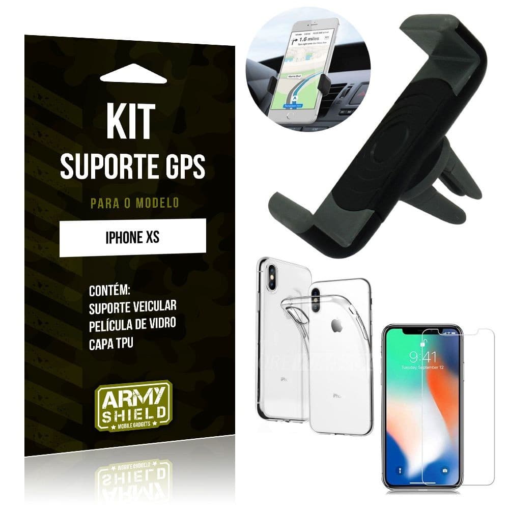Kit Suporte Veicular Apple iPhone XS Suporte + Capa + Película de Vidro - Armyshield