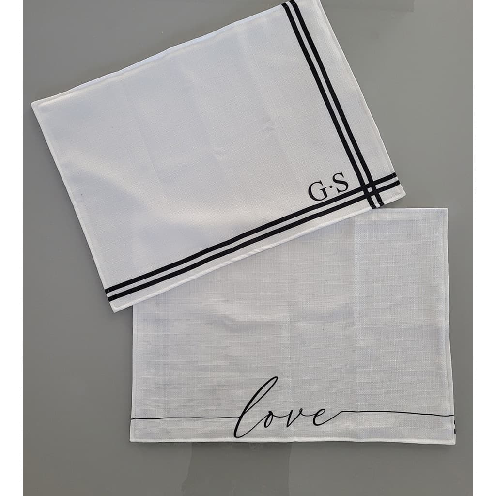 Lugar Americano Dupla Face, Personalizado Inicial Nome, Love, Preto e Branco, linho 45x33cm, Jogo Americano, Mesa Posta