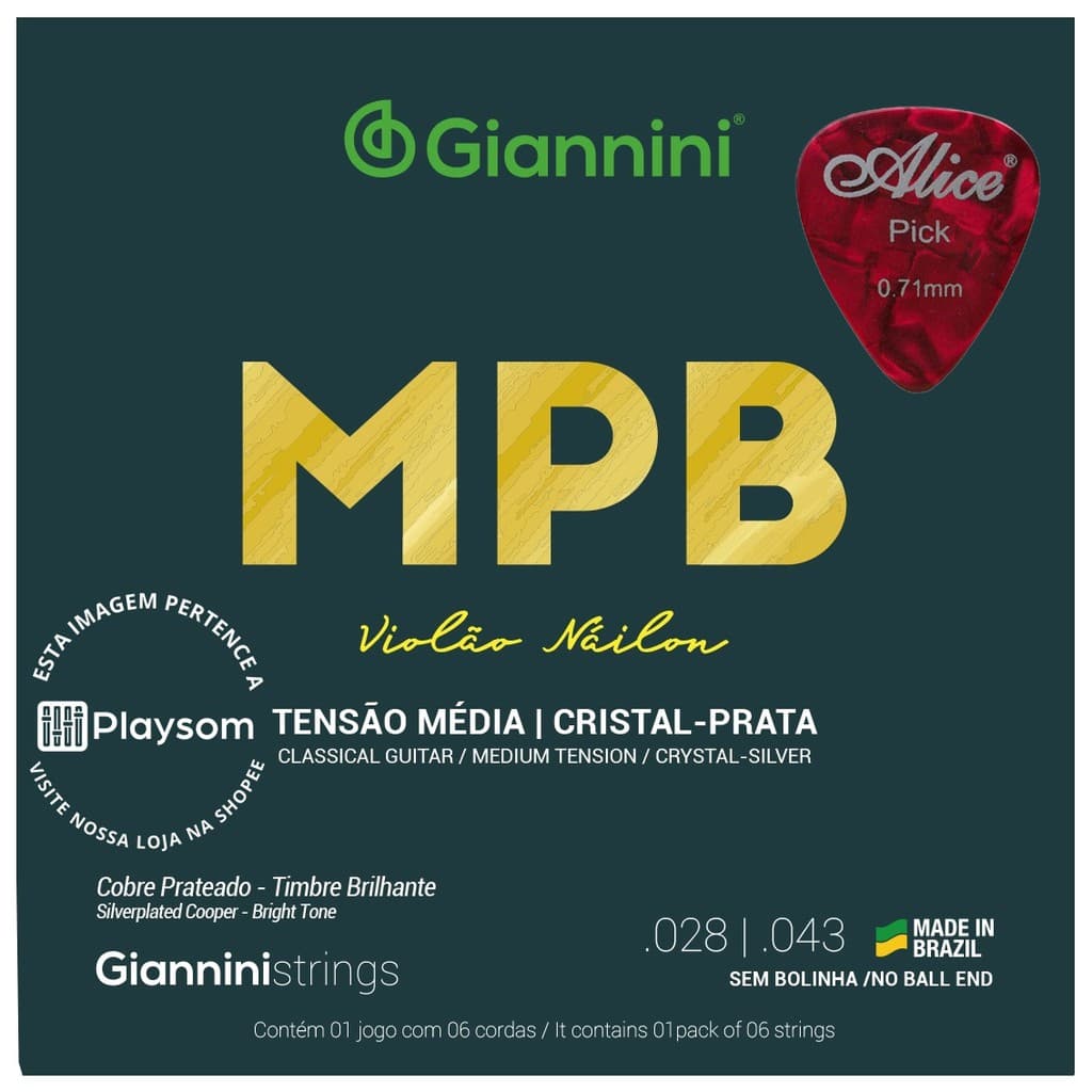 Cordas Violão Nylon Giannini MPB Tensão Média Cristal c/ Prata Encordoamento Náilon Nailon para Violão
