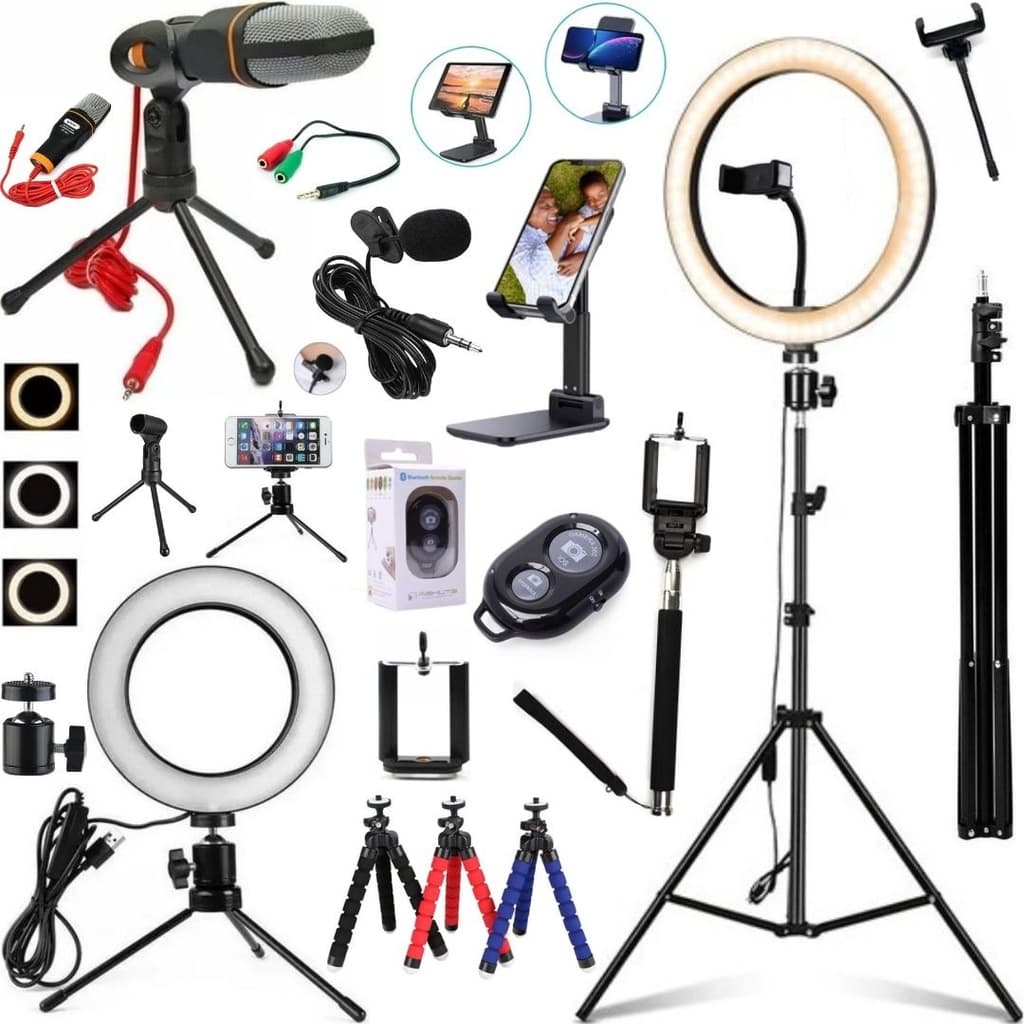 Kit luz hing light 26cm com tripé 2m microfone condensador acessórios vídeo gravação profissional