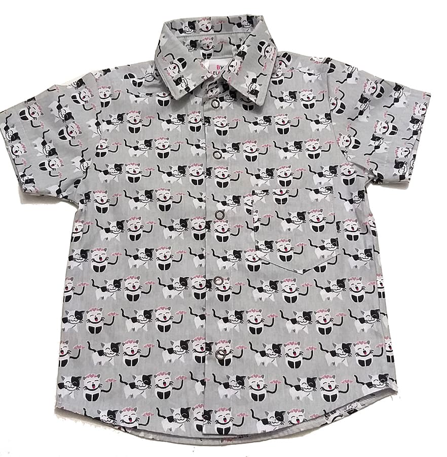 Camisa Social Gatos Manga Curta Infantil Menino 1a4 anos