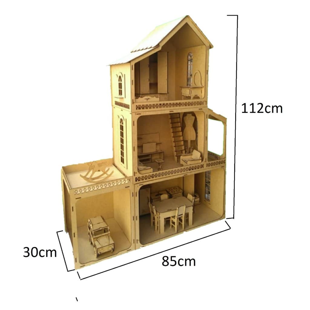 Casa Casinha de Boneca Barb Completa em MDF 112 Cm + 22 Móveis Cor Natural