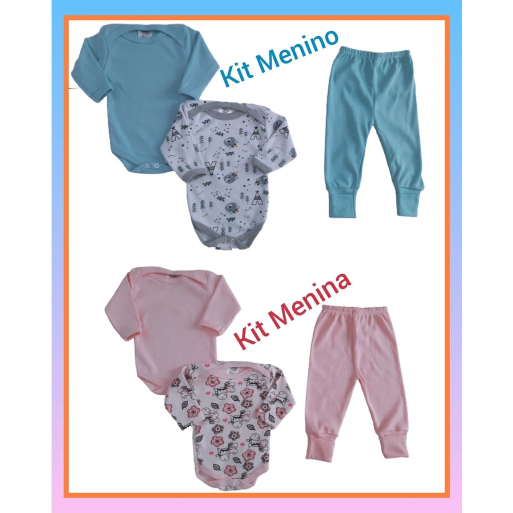 Kit 3 Bebê Peças Body manga longa e Mijão Vira Pé ótima qualidade ( P M G )
