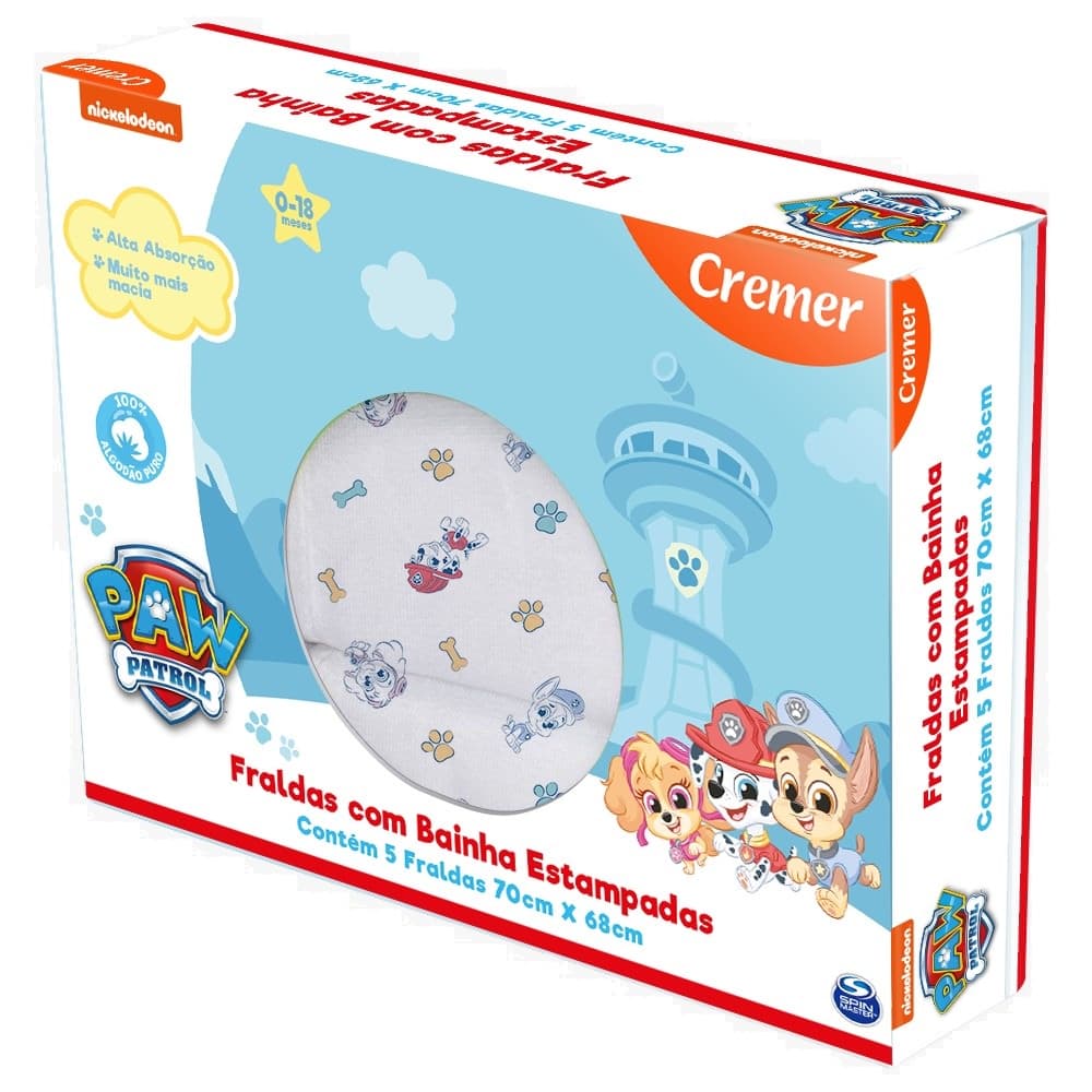 Fralda Infantil Estampa Patrulha Canina Luxo com Bainha Cremer cx c/5
