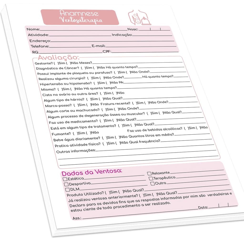 Ficha de Anamnese Ventosaterapia  (100 folhas)