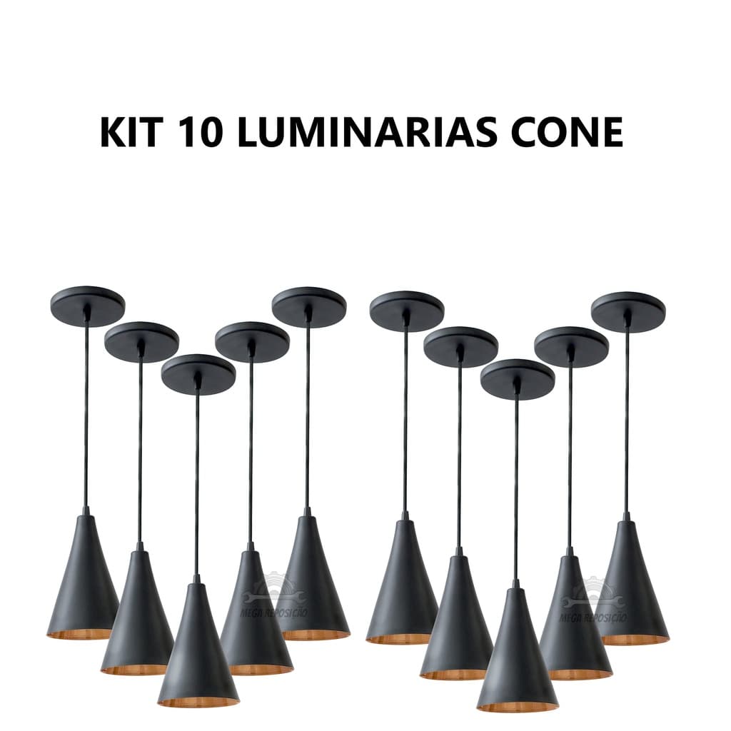 10 PENDENTES  CONE PRETO COM COBRE FIO 1,5 METROS DECORAÇÃO