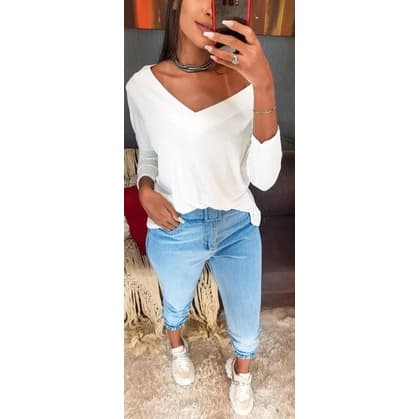 Blusa Gola V Manga Longa  Feminina Viscolycra Blusinha Meia Estação Moda Blogueira