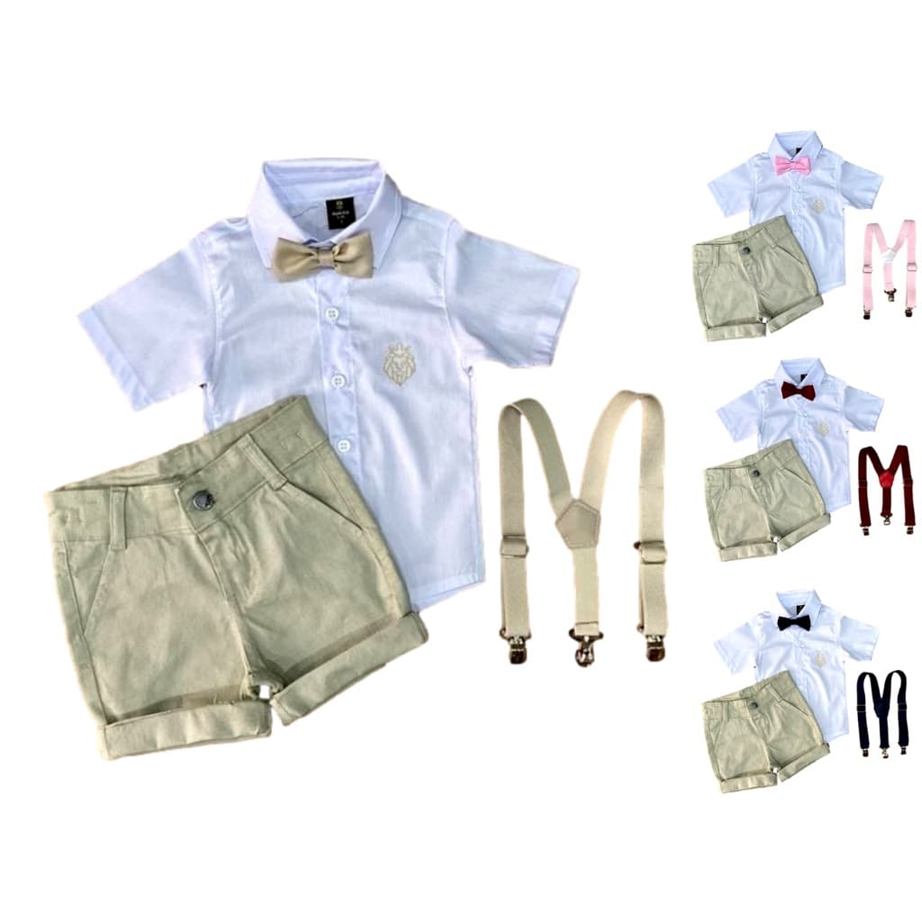 Conjunto Infantil Social Masculino Roupa de Batizado Bege e Branco Menino Casamento P ao 16