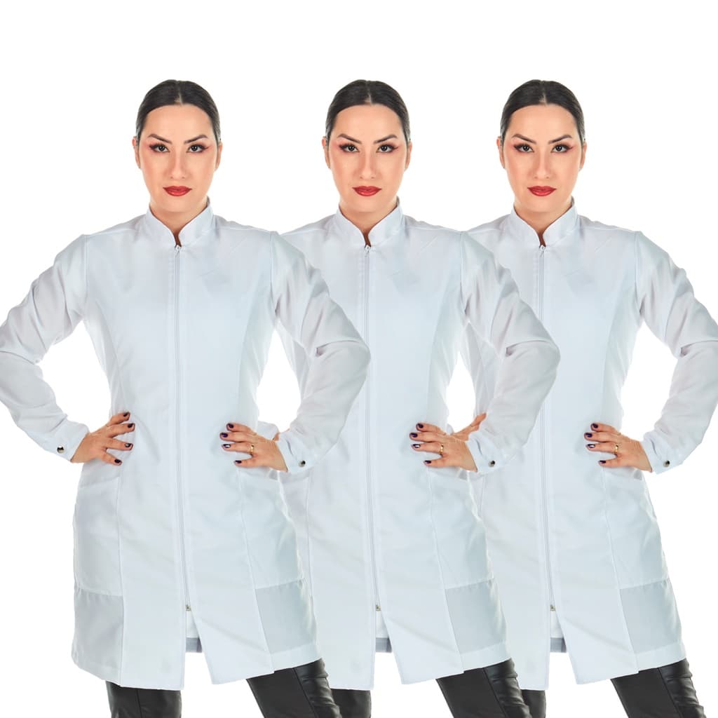 Kit 3 Jalecos Oxford Branco Zíper Manga Longa Dentista Médica Veterinária Estética