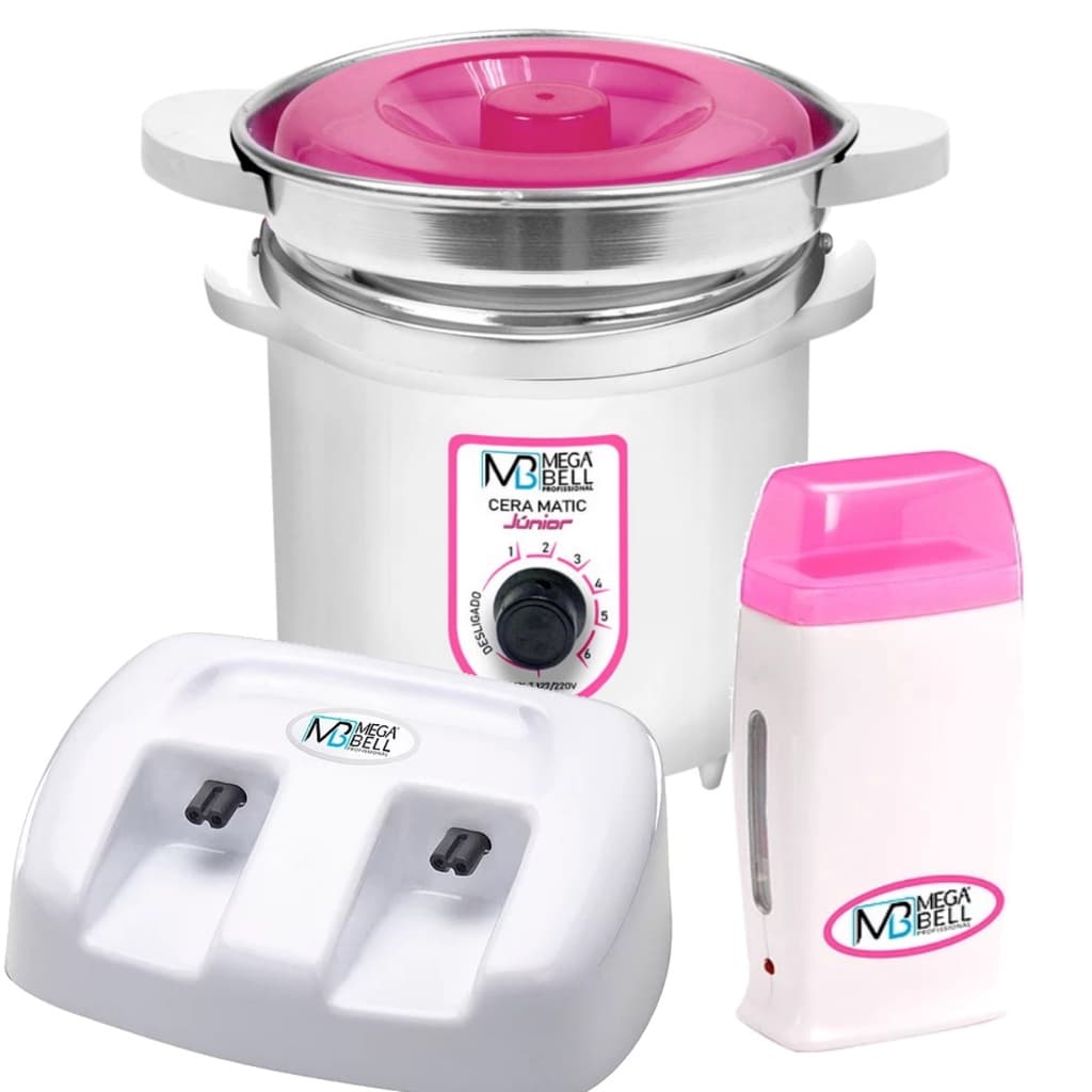 Termocera Panela Depilação 400g Branca e Rosa c/ Refil + Base Dupla 1 Rollon Branco e Rosa Mega Bell
