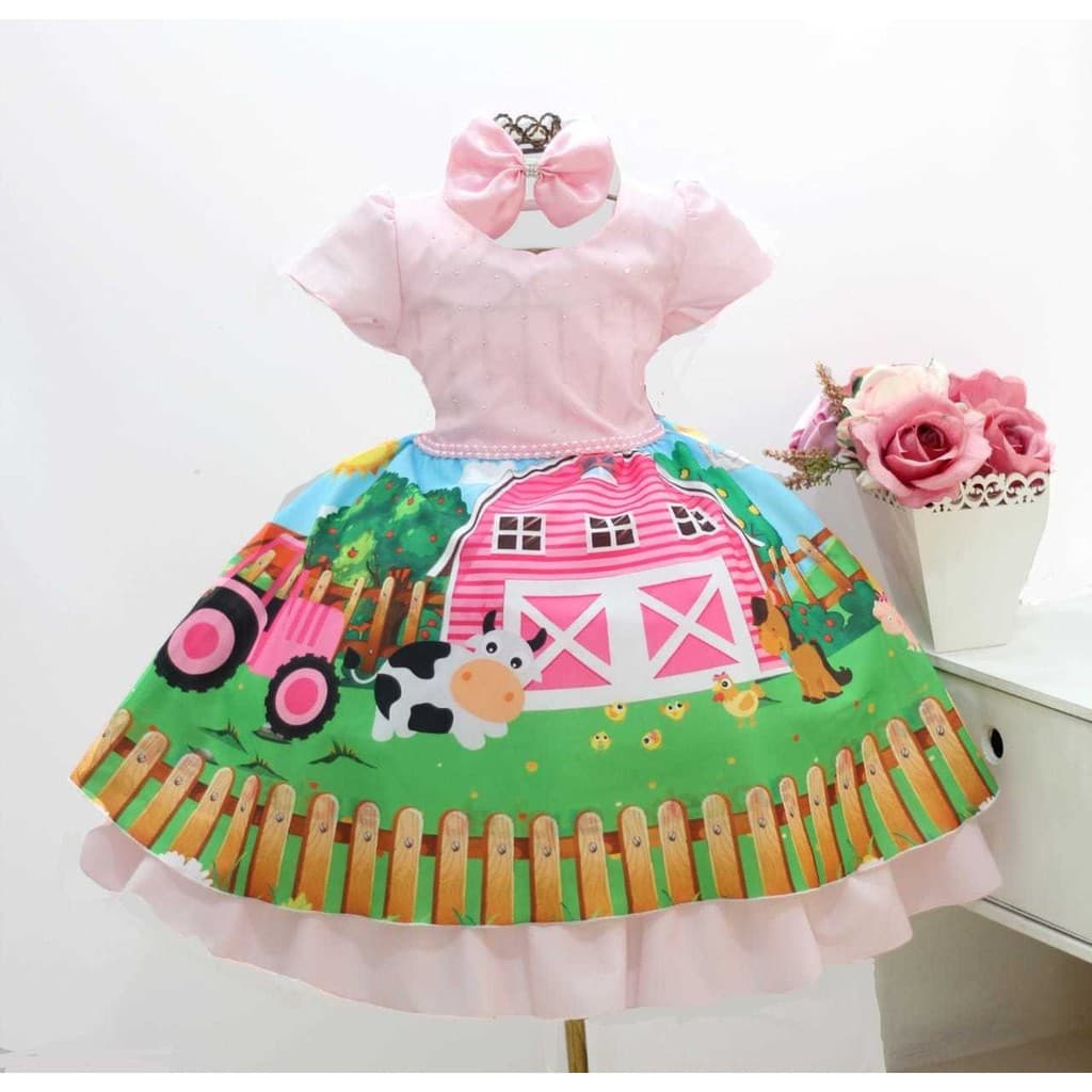 Vestido Infantil Tematico Fazendinha Para Festa Aniversário Com Tiara