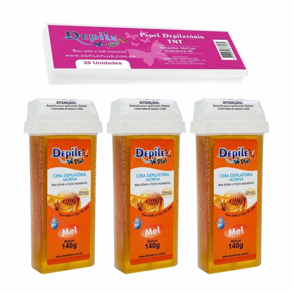 Kit Papel p/ Depilação TNT Depile Plus Gramatura 80 - 22x7cm +  3 Ceras Depilatória Roll On Depile Plus Mel
