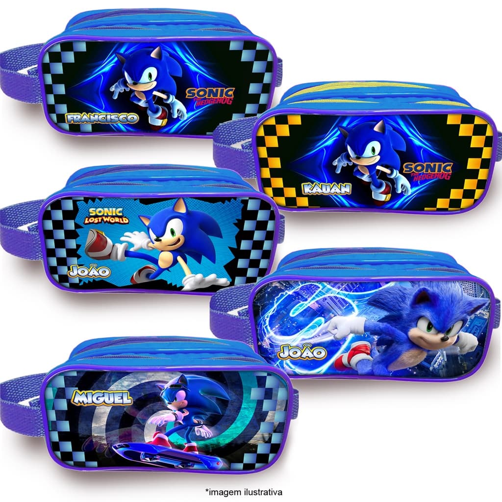 Estojo Duplo Escolar personalizado com nome tema Sonic unidade