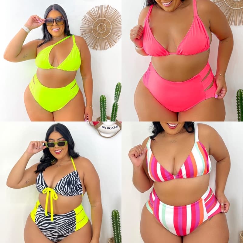 Roupa De Banho Feminina  Conjunto De Biquíni Plus Size sem Bojo Cintura Alta Plus Size Tamanho Único 44 ao 52