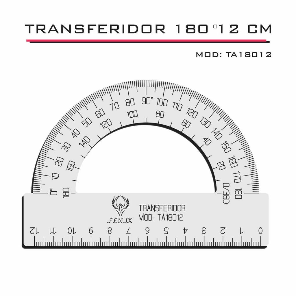 Transferidor 180 12cm Acrílico  Transparente com bordas retas sem chanfro Desenho Técnico Fenix