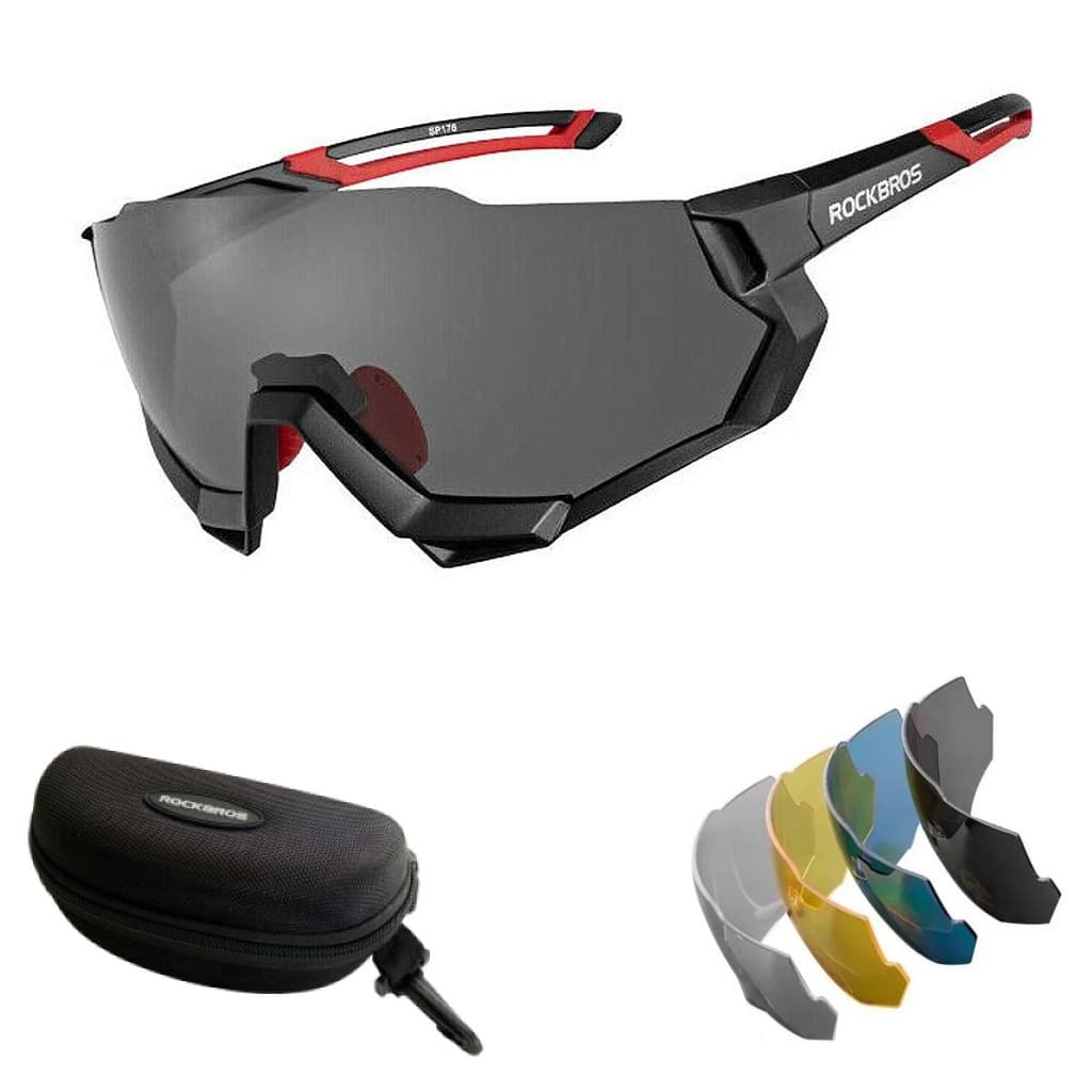 Óculos Ciclismo Esportivo Rockbros 5 Lentes Clip Grau Preto