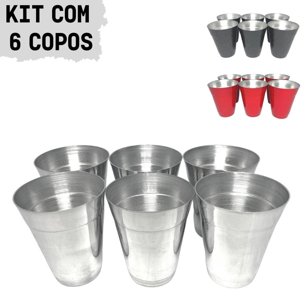 6 Copos De Alumínio Caneca 400ml Festa Bar Preto Vermelho ou Polido
