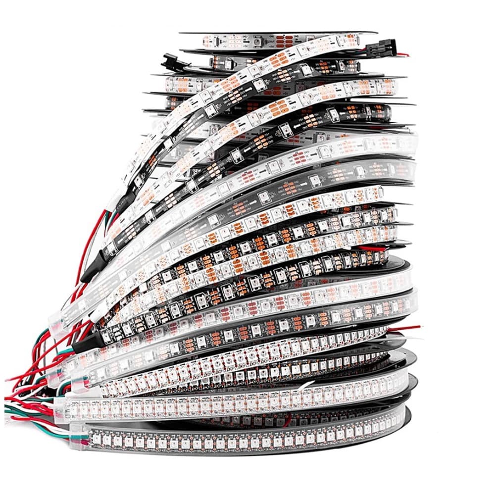 Fita LED WS2812B 5V Endereçável, 30/60/144 LEDs/m,  IP30/IP67, 1 metro e 5 metros, preta e branca