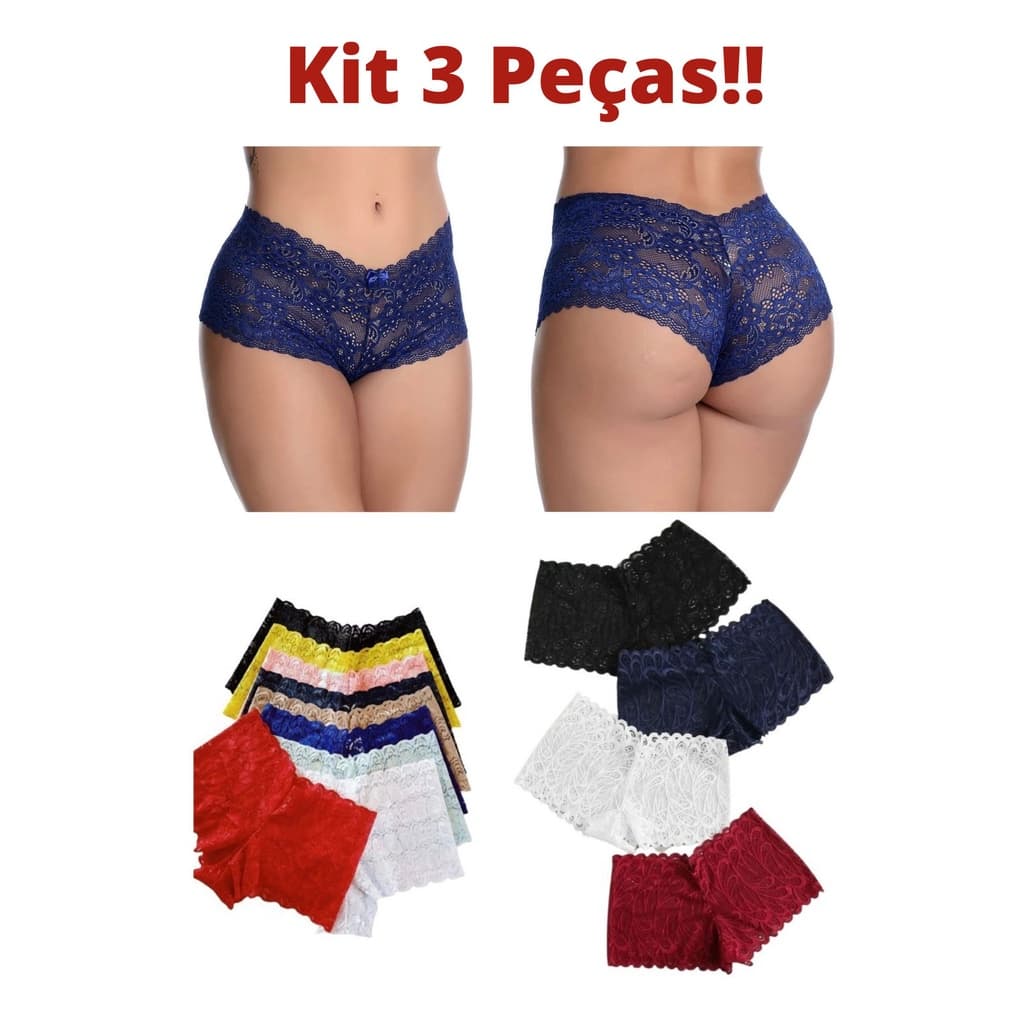 Kit 3 Short Doll de Renda Calcinha Feminina Calesson Shortinho Atacado Revenda - CORES SORTIDAS
