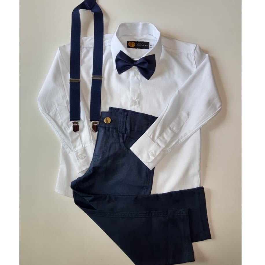 Conjunto Infantil Batizado Contendo - Camisa Manga Longa Branca, Calça Azul Marinho Suspensório e Gravata - Casamento
