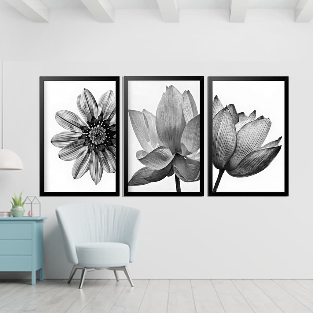 Kit quadro Decorativos flor preto e branco Moldura Quarto Sala Hall Flores Floral promoção