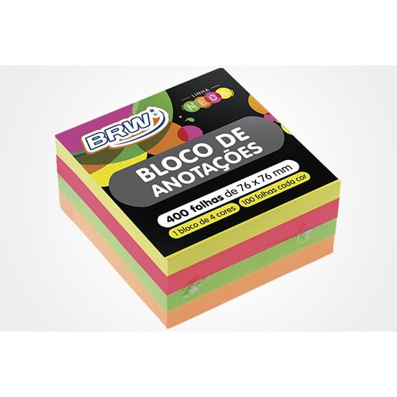 BLOCO ADESIVO POSTIT NEON 4 CORES 400 FOLHAS 76MMx76MM CORES VIBRANTES ANOTACAO LEMBRETE DIA A DIA ENVIO 24 HORAS