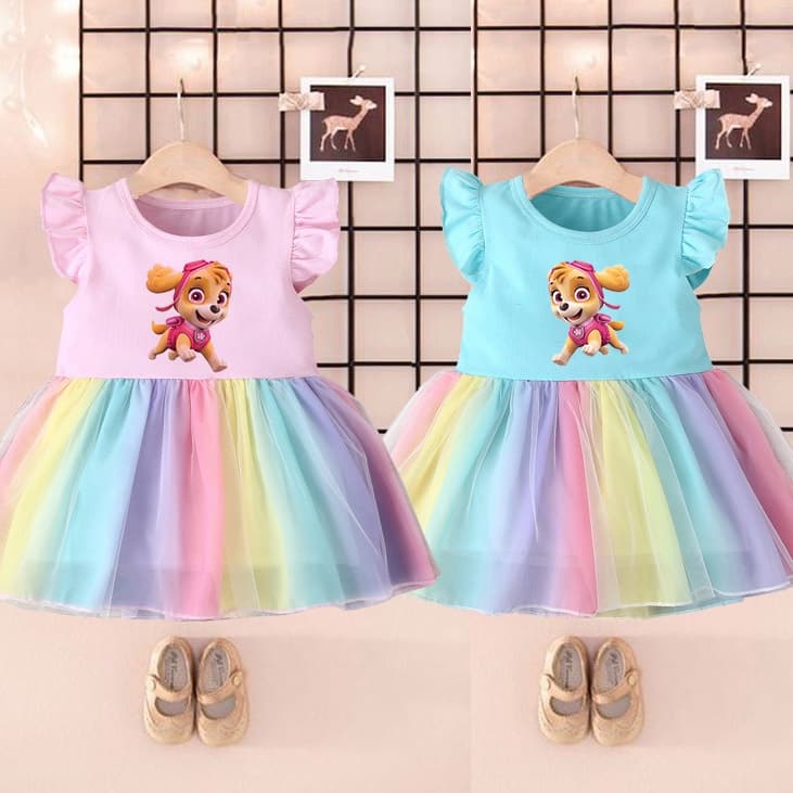 Vestido De Patrulha De Patas De Desenho Animado Menina  Printed Children Summer Ruffle Manga Rainbow Baby Girl Net Korea
