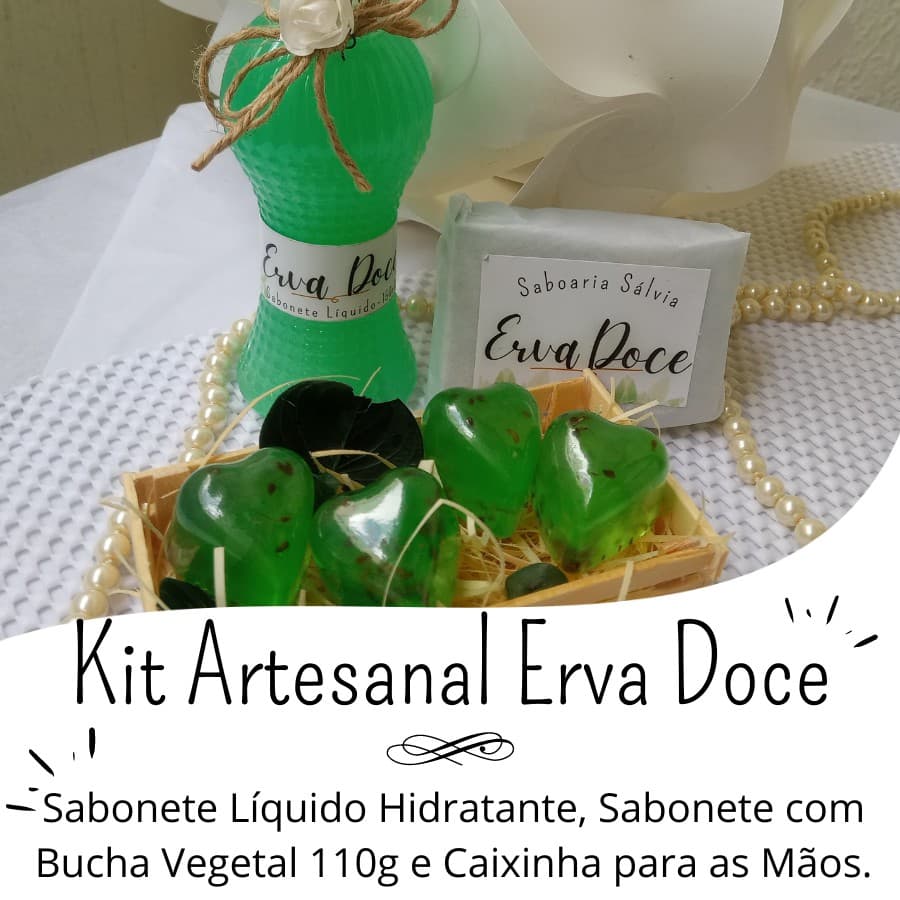 Kit Especial Linha Erva Doce: Sabonete Líquido + Sabonete Bucha Vegetal + Caixinha de Sabonetes para as mãos - Saboaria Sálvia