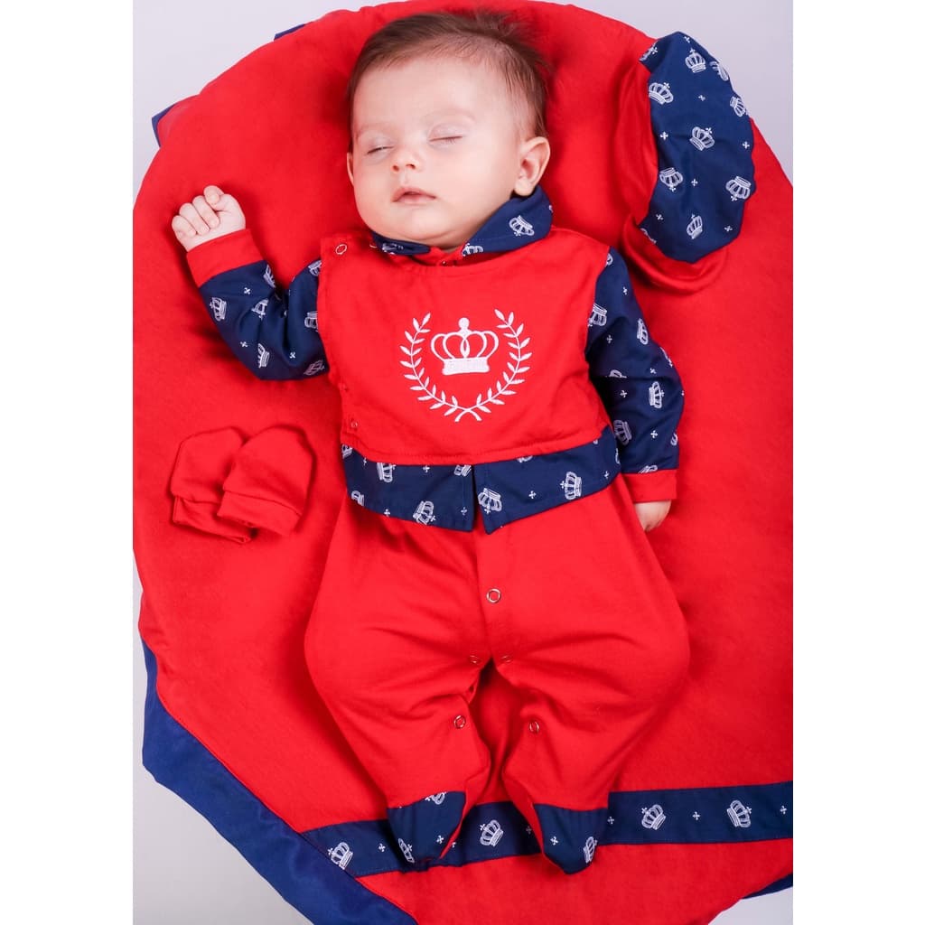 Saída Maternidade Menino Coroa Vermelho 04 peças Felipe Marinho Roupas de Bebê