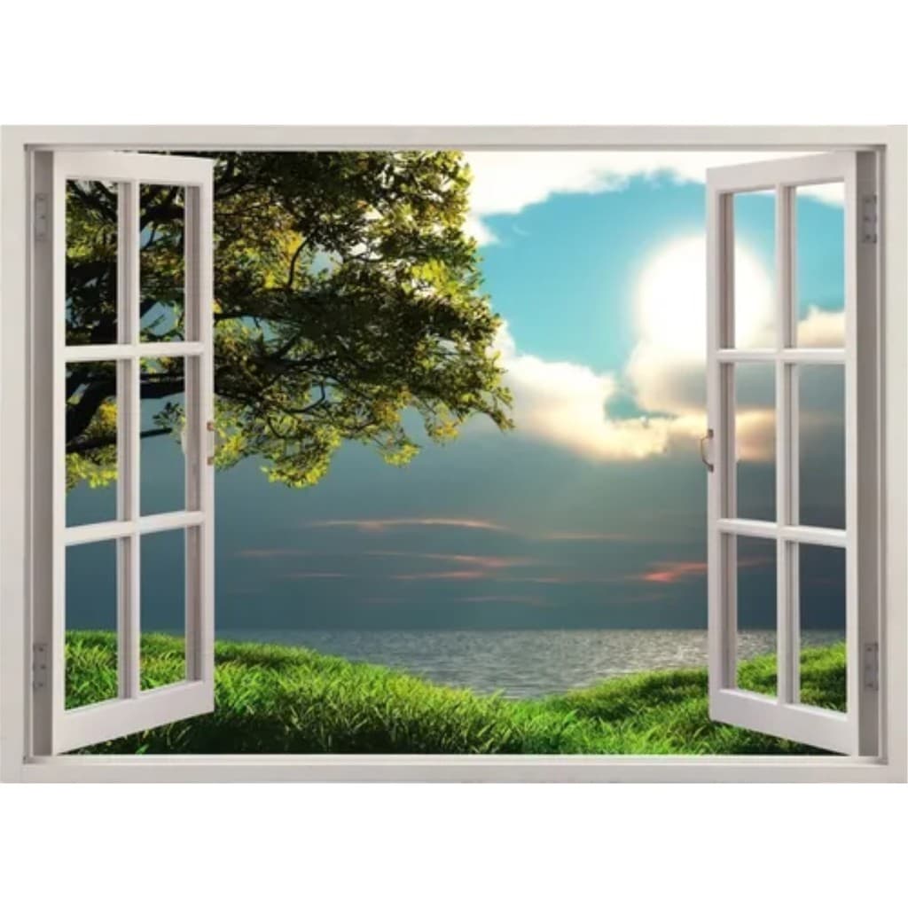 Adesivo Parede Decoração Paisagem Sol Mar Árvore Pousada Imita Janela