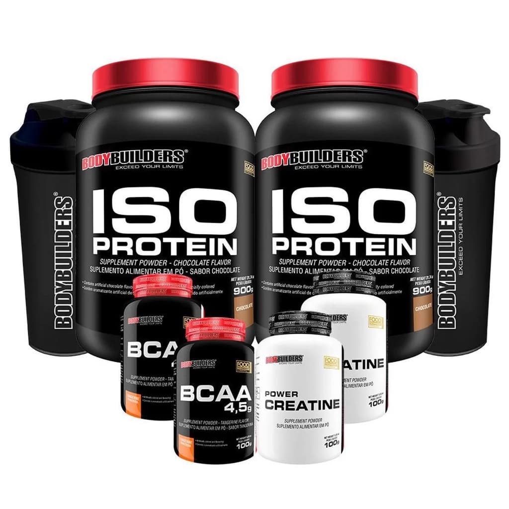 Kit 2x Iso Whey Protein 900g + 2x BCAA 4,5 100g + 2x Creatinas 100g + 2x Coqueteleira - Bodybuilders