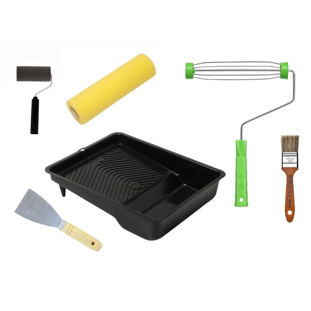 Kit pintura completo com 6 peças - rolo 23cm + suporte de rolo 23cm + pincel + espátula + rolo 9cm + bandeja de pintura 23cm.