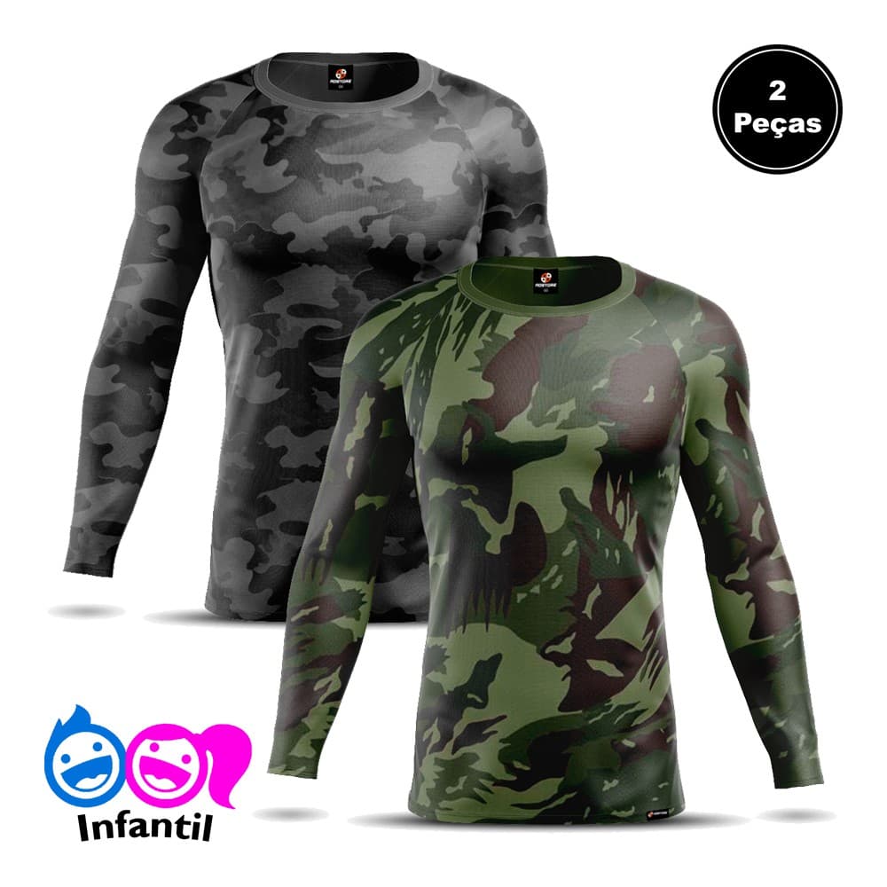 Kit 2 Camiseta Camisa Térmica Preto Bope / Verde Exercito Infantil Criança AD Store Dry Fit
