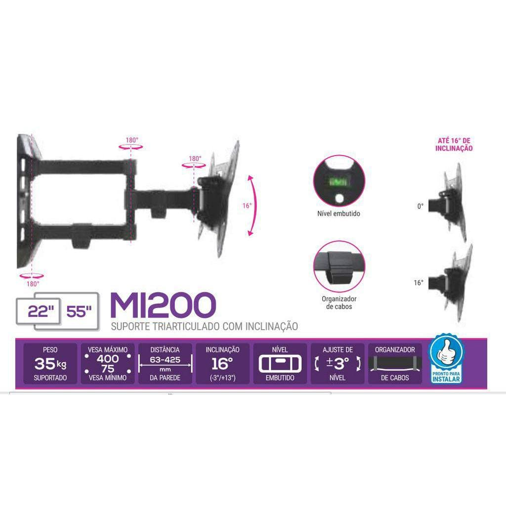 MI 200 Suporte articulado com inclinação. Possui organizador de cabos e acompanha nível. Suporte Multivisão Mi-200 De Parede Para Tv/monitor De 22 Até 55 Preto
