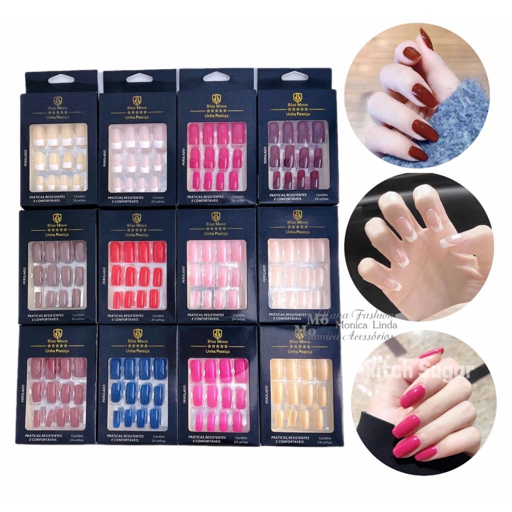 Unhas Postiças  - Com 24 Unids + Cartela de adesivo Colante - Blue Moon - Unhas Tamanho Médio