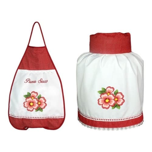 Kit De Cozinha Bordado: 1 Puxa Saco E 1 Capa P/ Botijão Gás