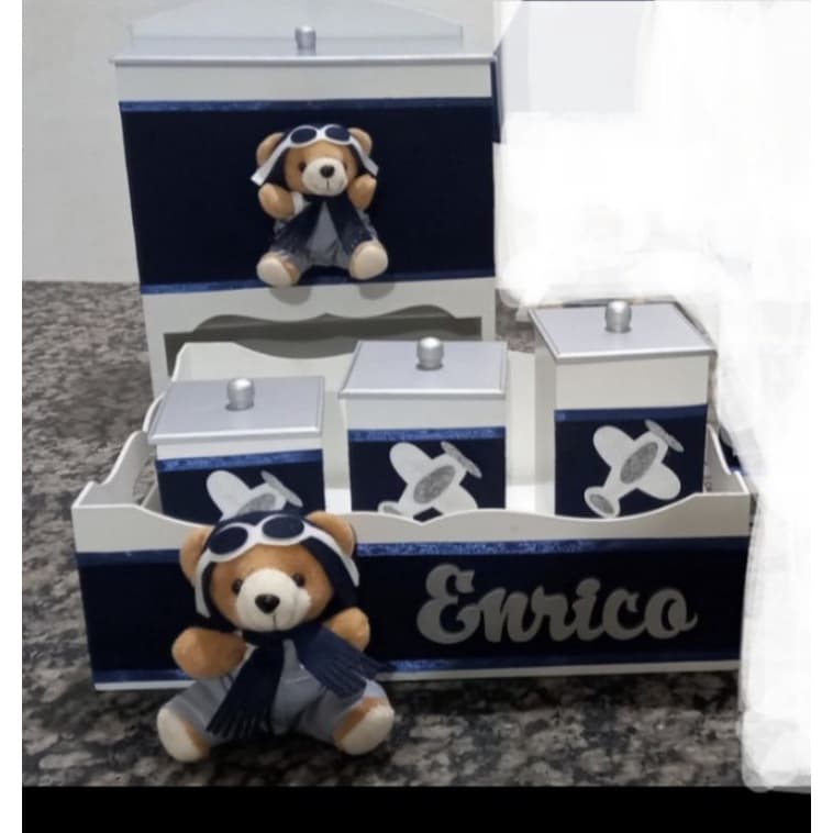 kit higiene mdf 5 peças bandeja porta fralda urso aviador azul marinho