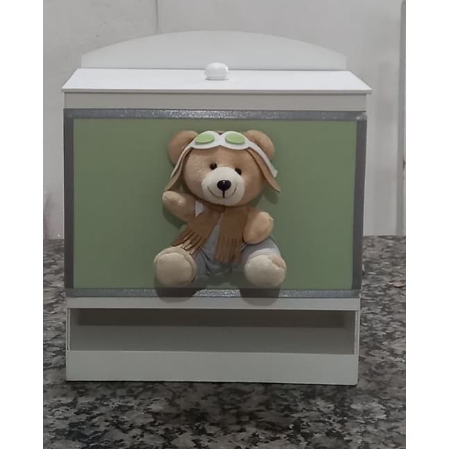 porta fraldas  farmacinha em mdf urso aviador verde e cinza