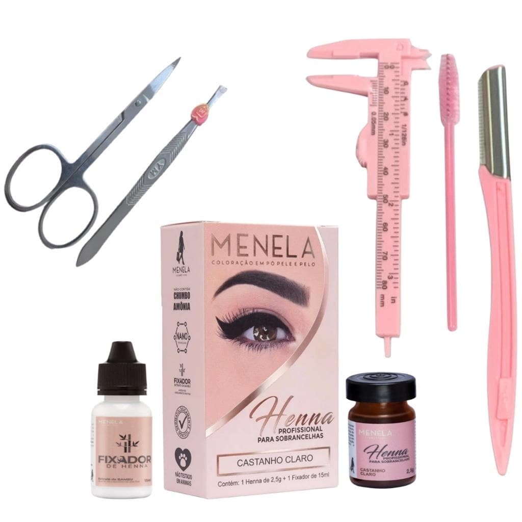 Kit Sobrancelha Henna Menela Pinca Tesoura Paquimetro Escova Navalha Completo