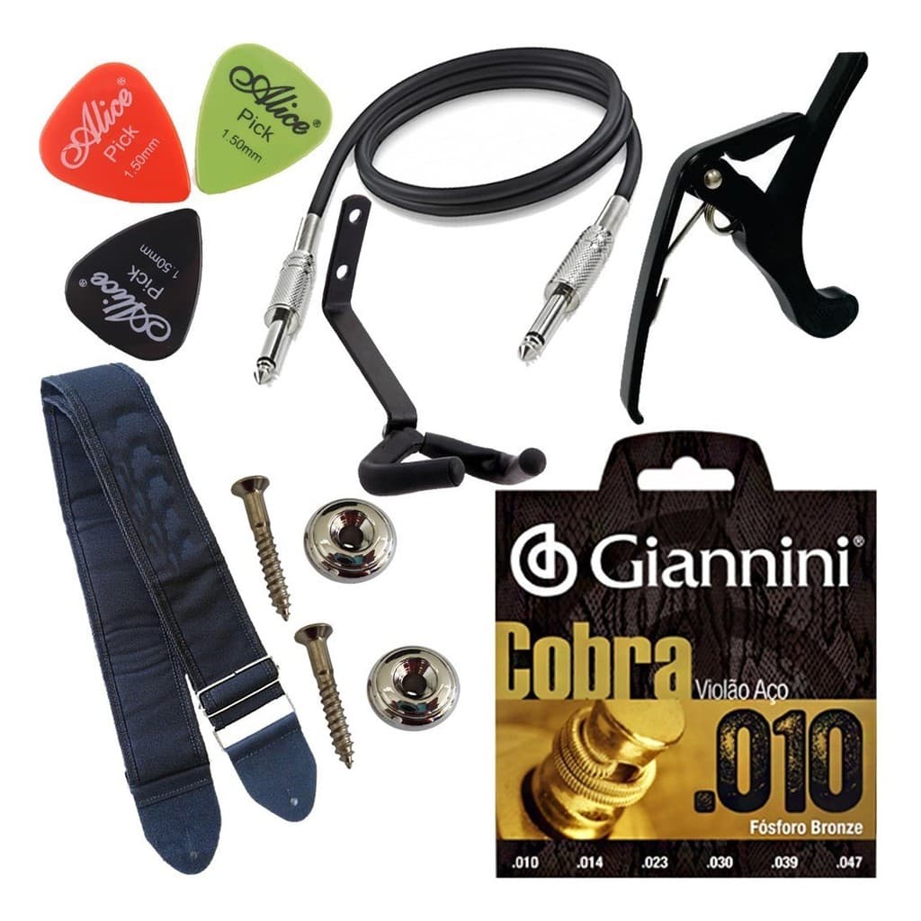 Kit Acessórios Para Violão C/ Correia Suporte Cabo Cordas