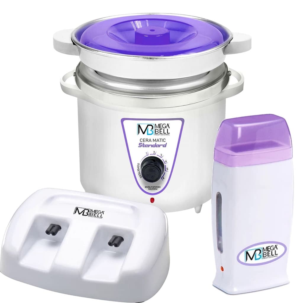 Termocera Panela Depilação 900g c/ Refil + Base Dupla c/ 1 Rollon Branco c/ Lilás Mega Bell