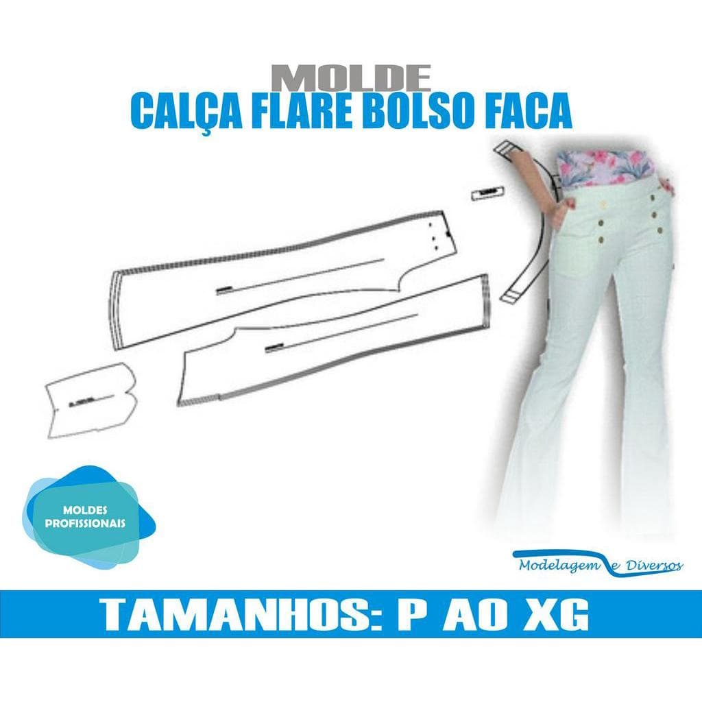 Molde Calça Flare Bolso Faca inverno, Modelagem&Diversos, Tamanhos P ao G