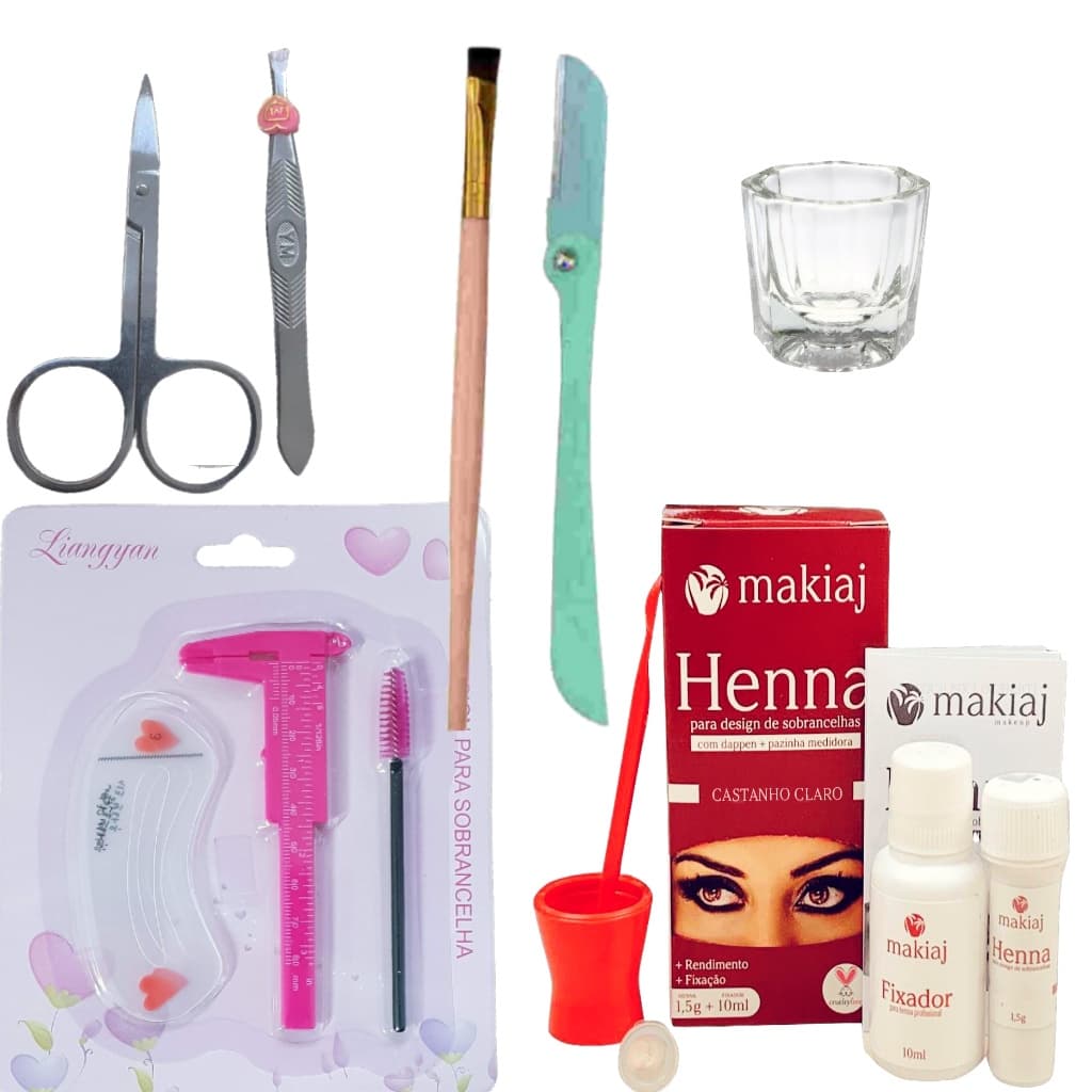 Kit Design Sobrancelha Henna Makiaj Pincel Navalha Tesoura Pinca Dappen PAQUIMETRO