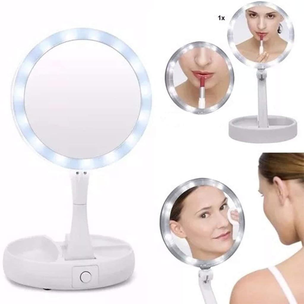 Espelho com Led De Mesa Com Aumento 10x Led luz Dobravel Para Maquiagem