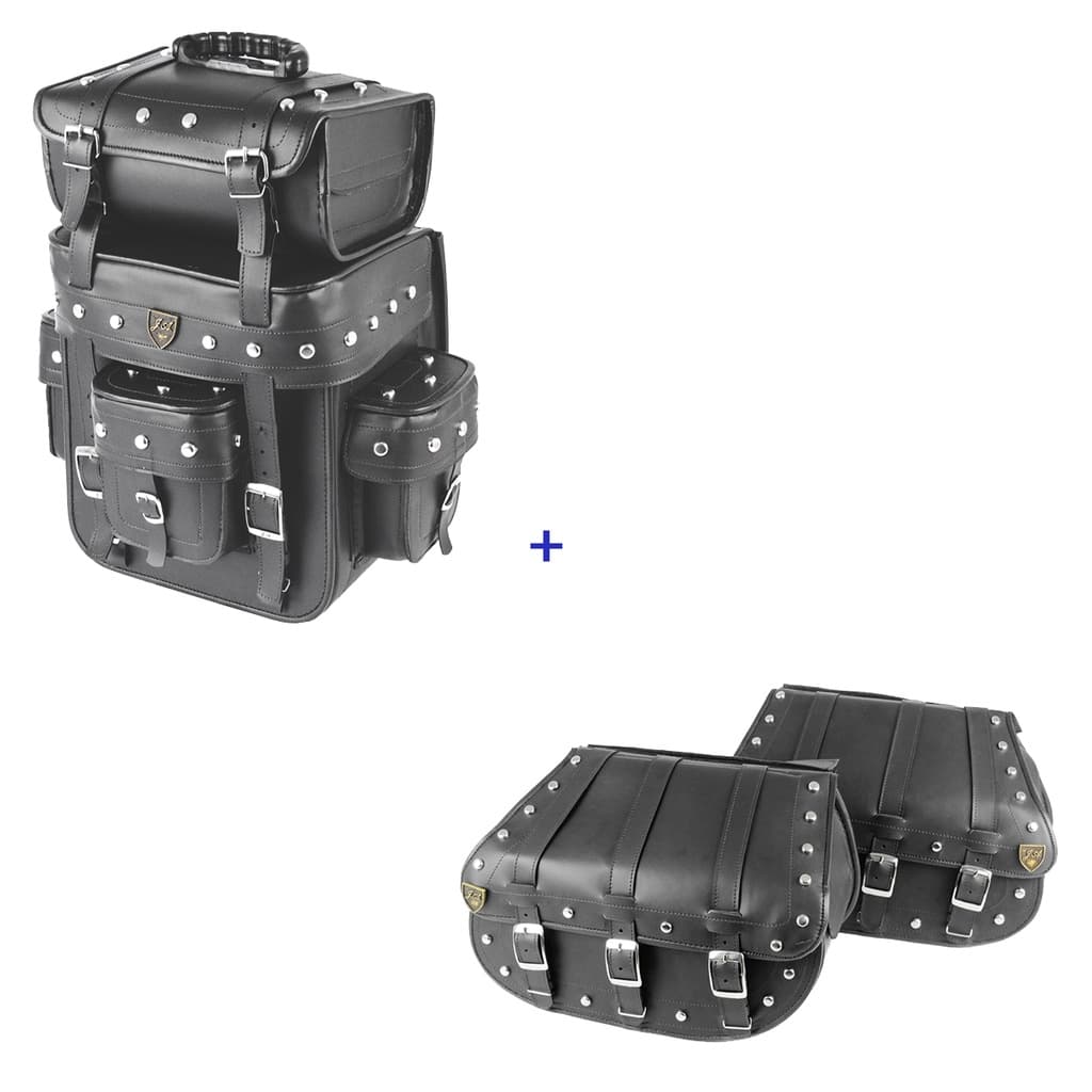 Kit Viagem Alforge Traseiro 32 Litros Couro Sintético C/ Cravos + Alforge Lateral 3F 25 Litros Couro Sintético C/ Cravos